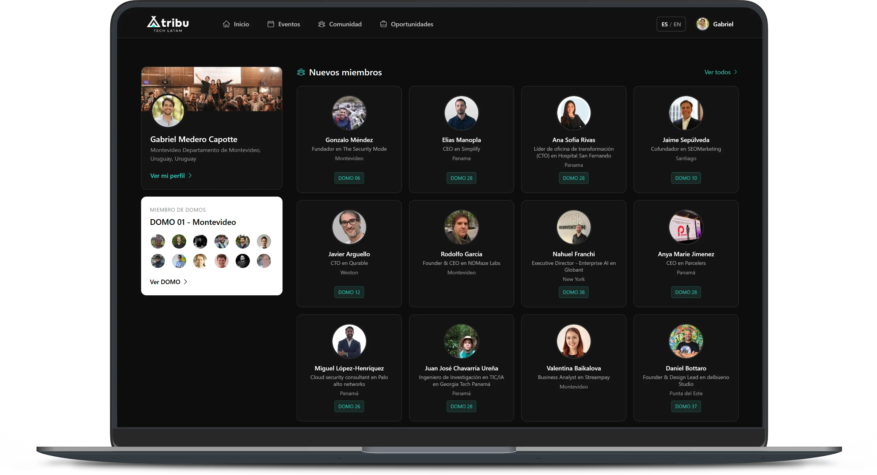 Plataforma de la comunidad TRIBU mostrando perfiles de miembros y grupos DOMO